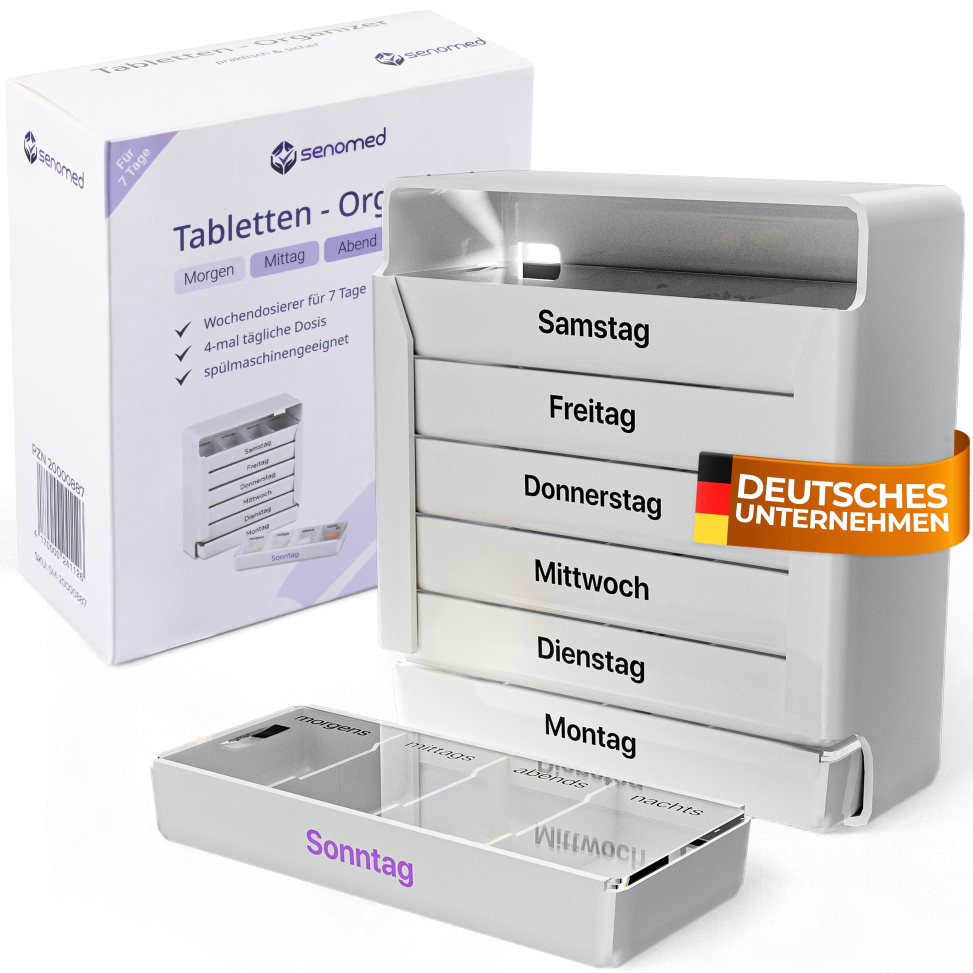 Senomed Tabletten-Organizer für 7 Tage mit 4 Fächern pro Tag – Medikamentendosierer, beschriftet mit Wochentagen, spülmaschinengeeignet – Deutsches Unternehmen
