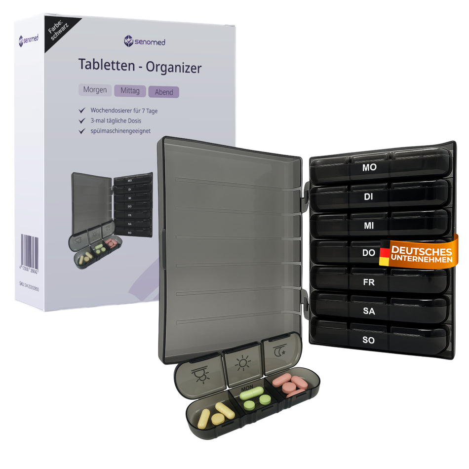 Senomed - Tablettenbox mit 3 Fächern pro Tag – Wochendosierer schwarz